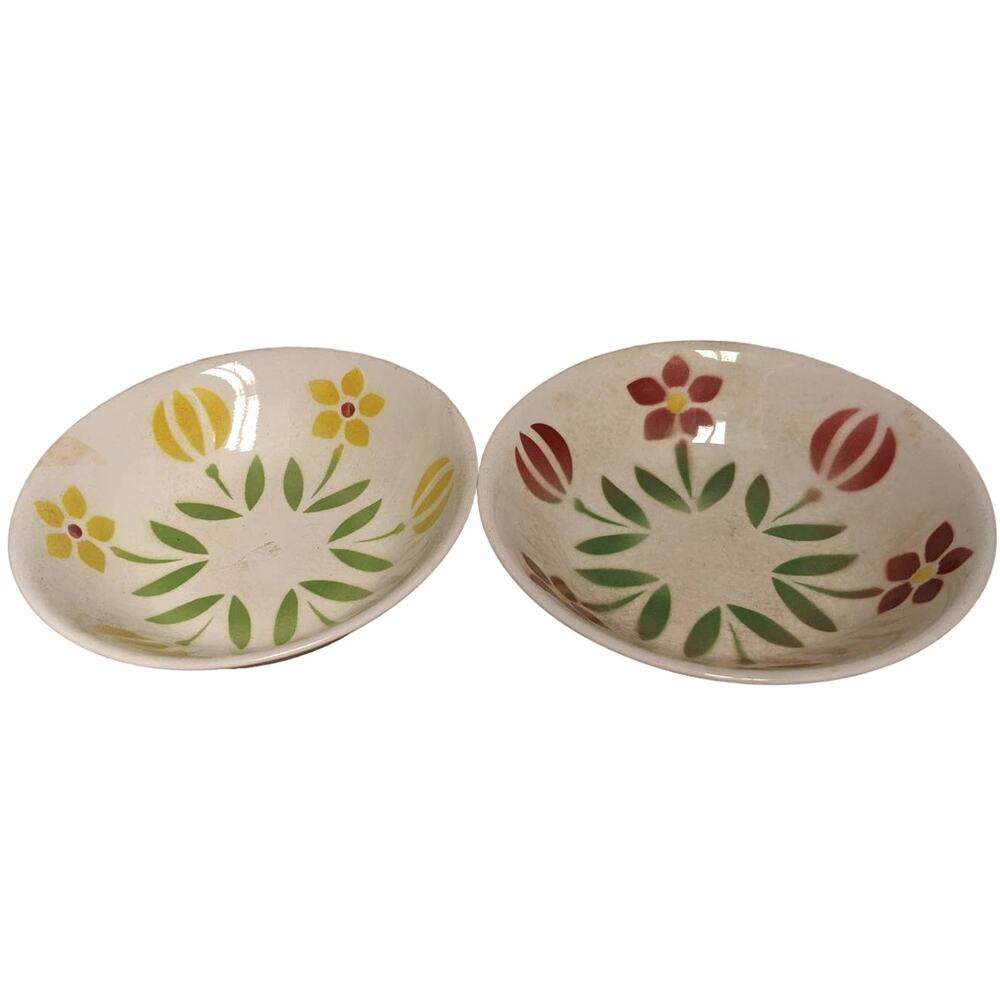 Vintage Japanese Ironstone Ware Bowl Pair Floral Stamp Geometric Underglaze